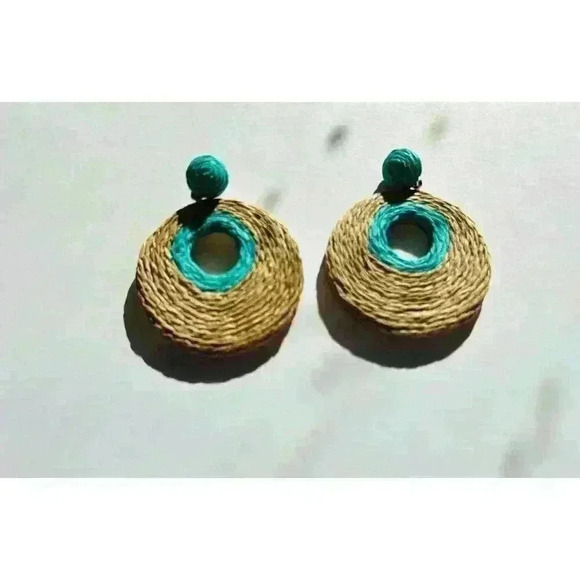 Handmade Rattan Disc Statement Earrings Teal And Tan - Picture 2 of 5